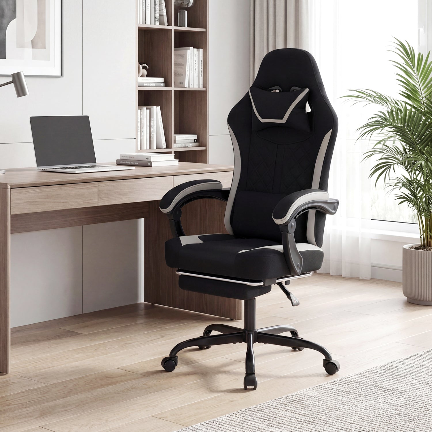 Gaming Chair Height Adjustable Computer Chair with Headrest Footrest & 360° Swivel Seat-Black