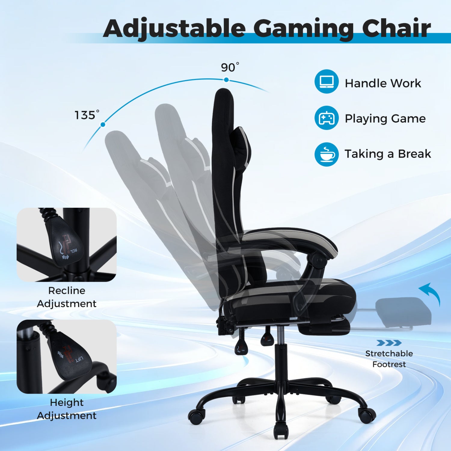 Gaming Chair Height Adjustable Computer Chair with Headrest Footrest & 360° Swivel Seat-Black