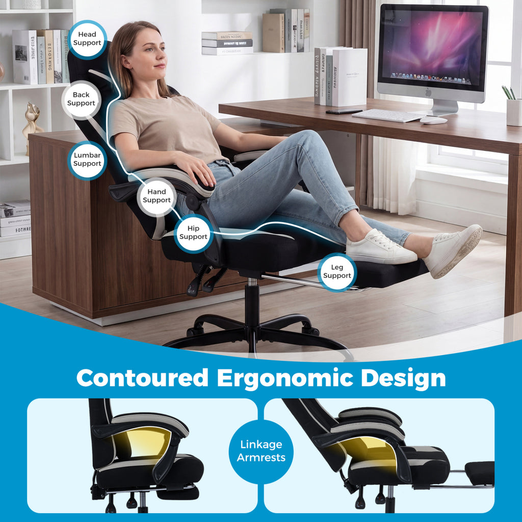 Gaming Chair Height Adjustable Computer Chair with Headrest Footrest & 360° Swivel Seat-Black
