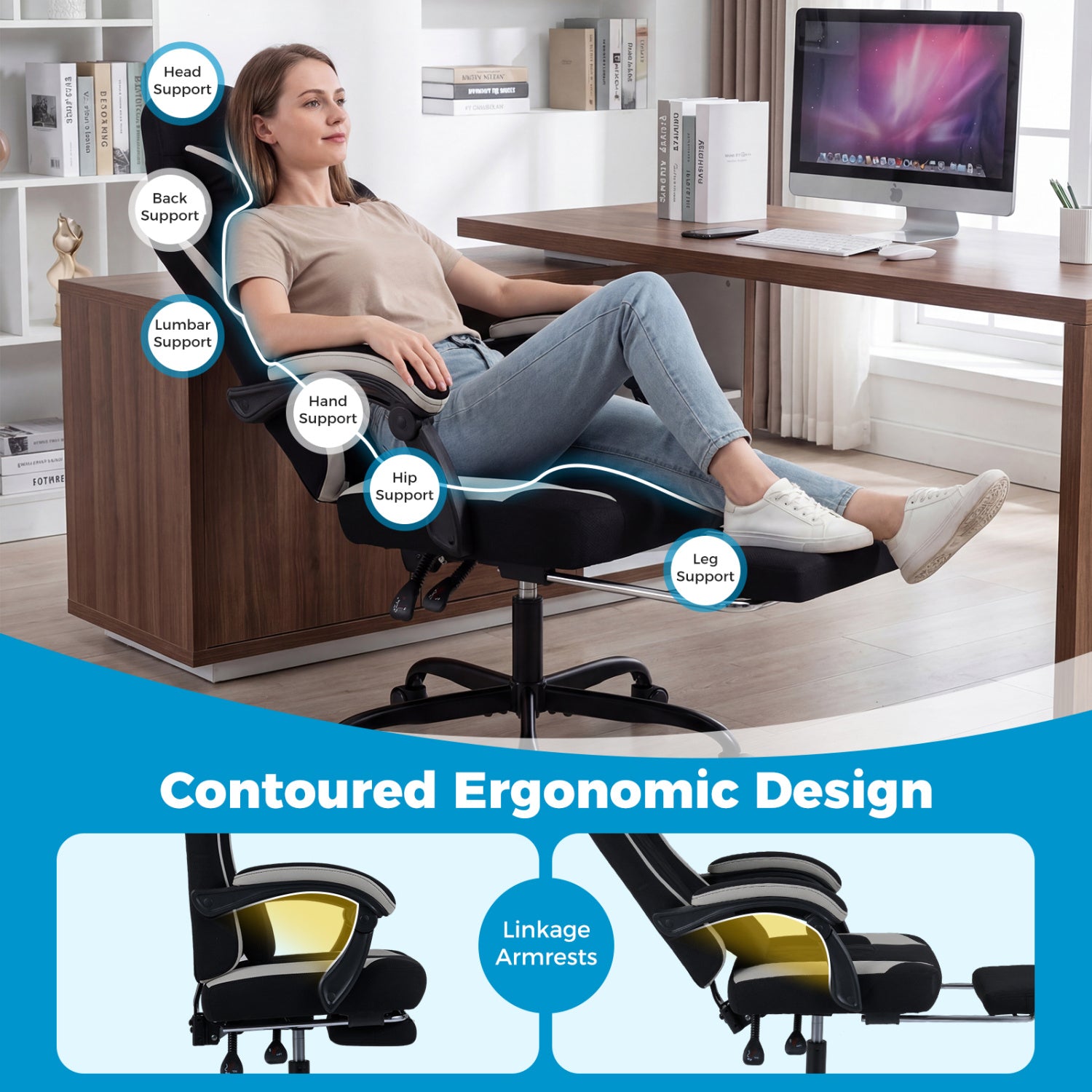 Gaming Chair Height Adjustable Computer Chair with Headrest Footrest & 360° Swivel Seat-Black