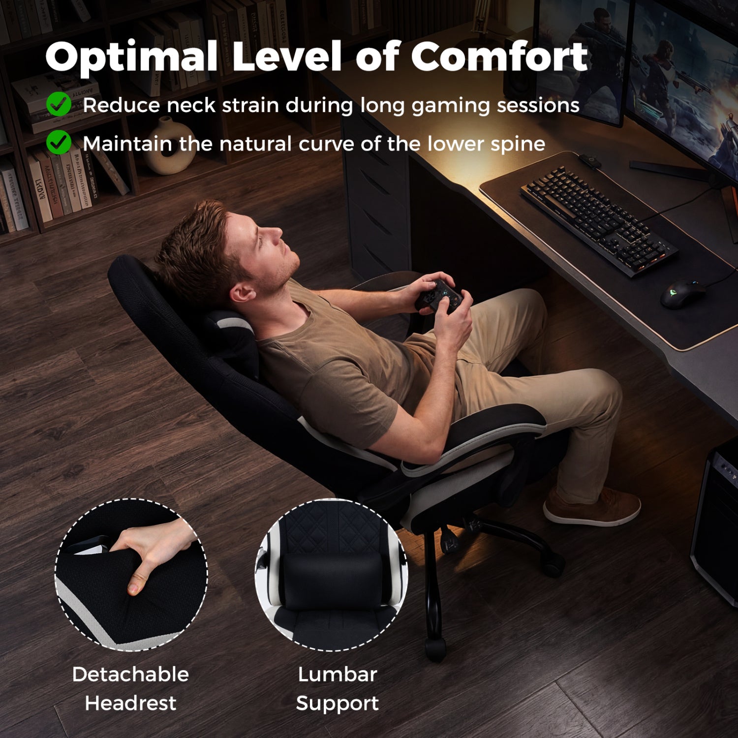 Gaming Chair Height Adjustable Computer Chair with Headrest Footrest & 360° Swivel Seat-Black