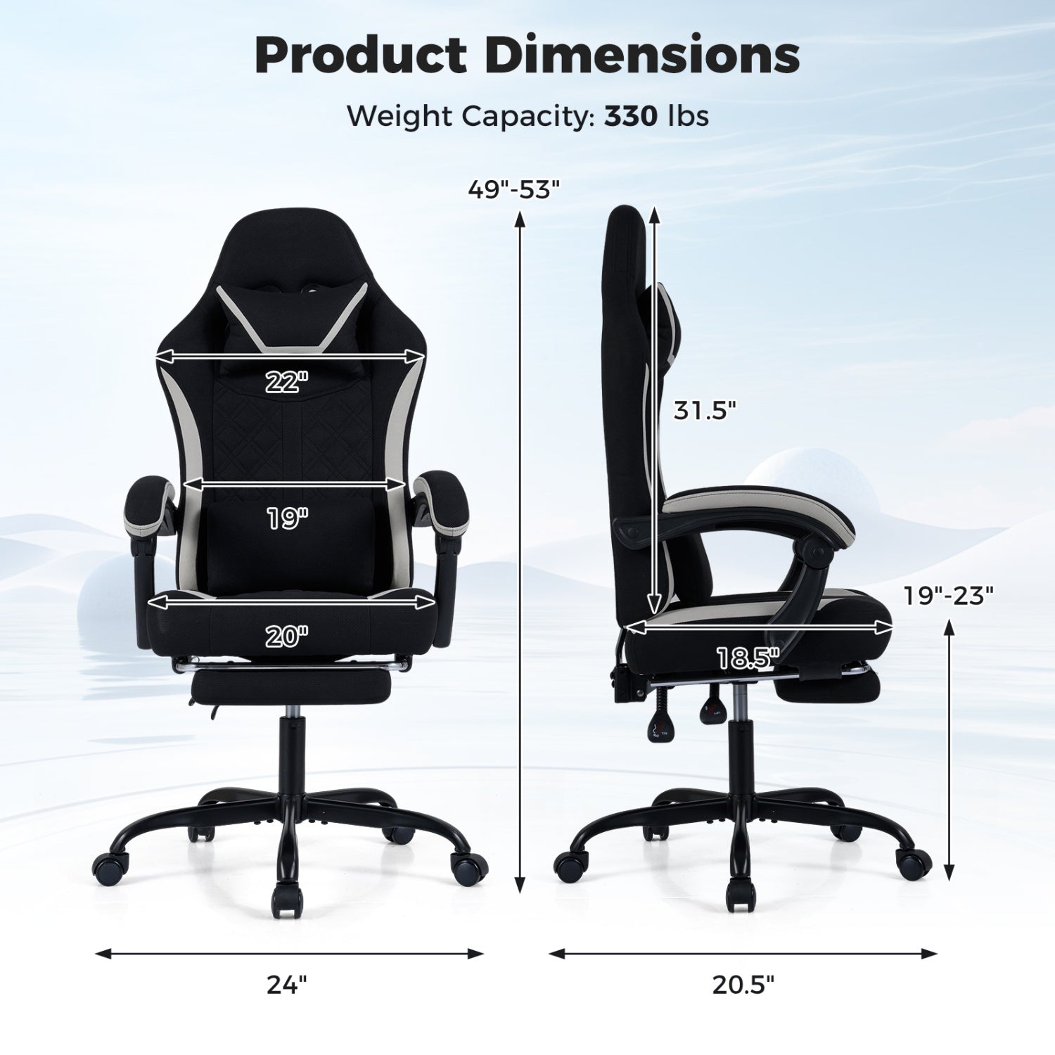 Gaming Chair Height Adjustable Computer Chair with Headrest Footrest & 360° Swivel Seat-Black