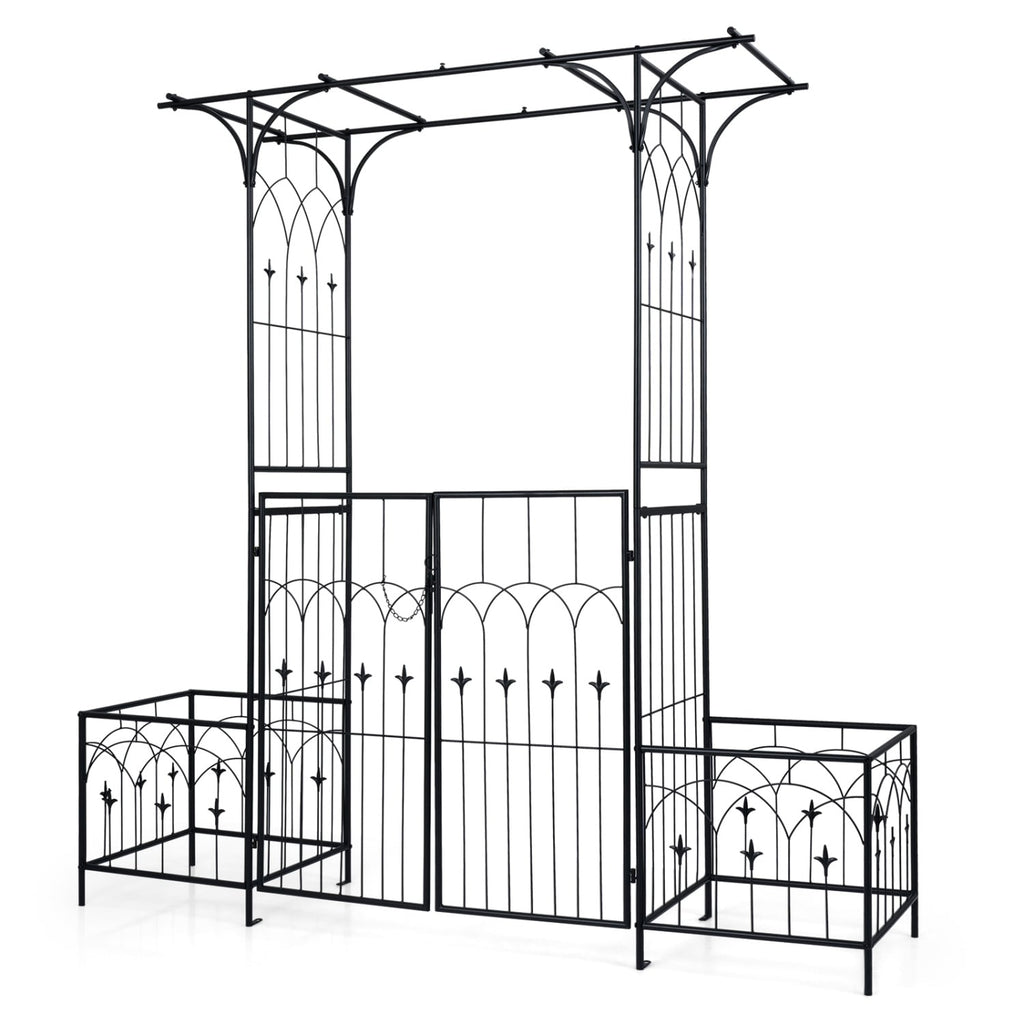 Garden Arbor with Gate and Planter Boxes Heavy Duty Metal Arch with Side Trellis