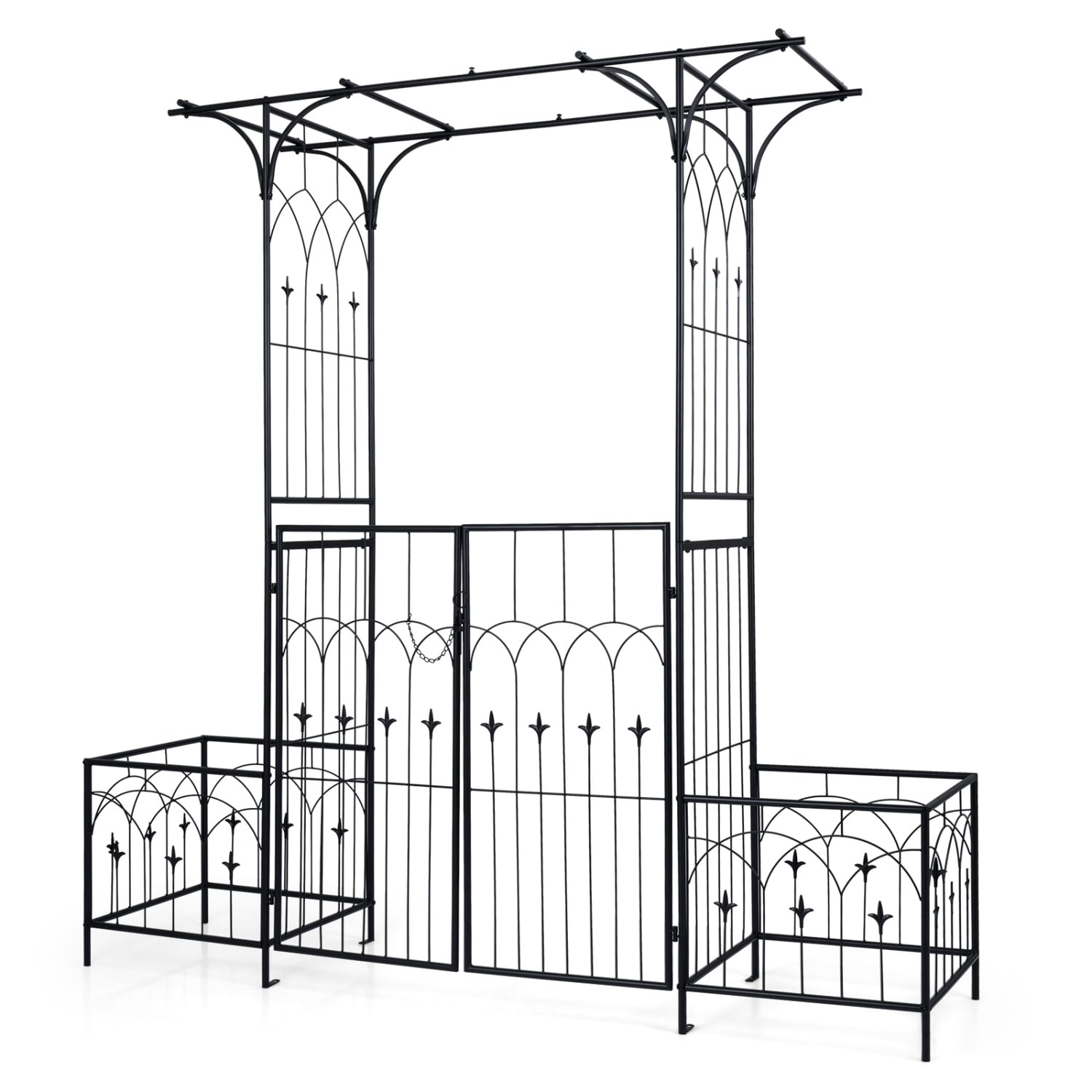 Garden Arbor with Gate and Planter Boxes Heavy Duty Metal Arch with Side Trellis