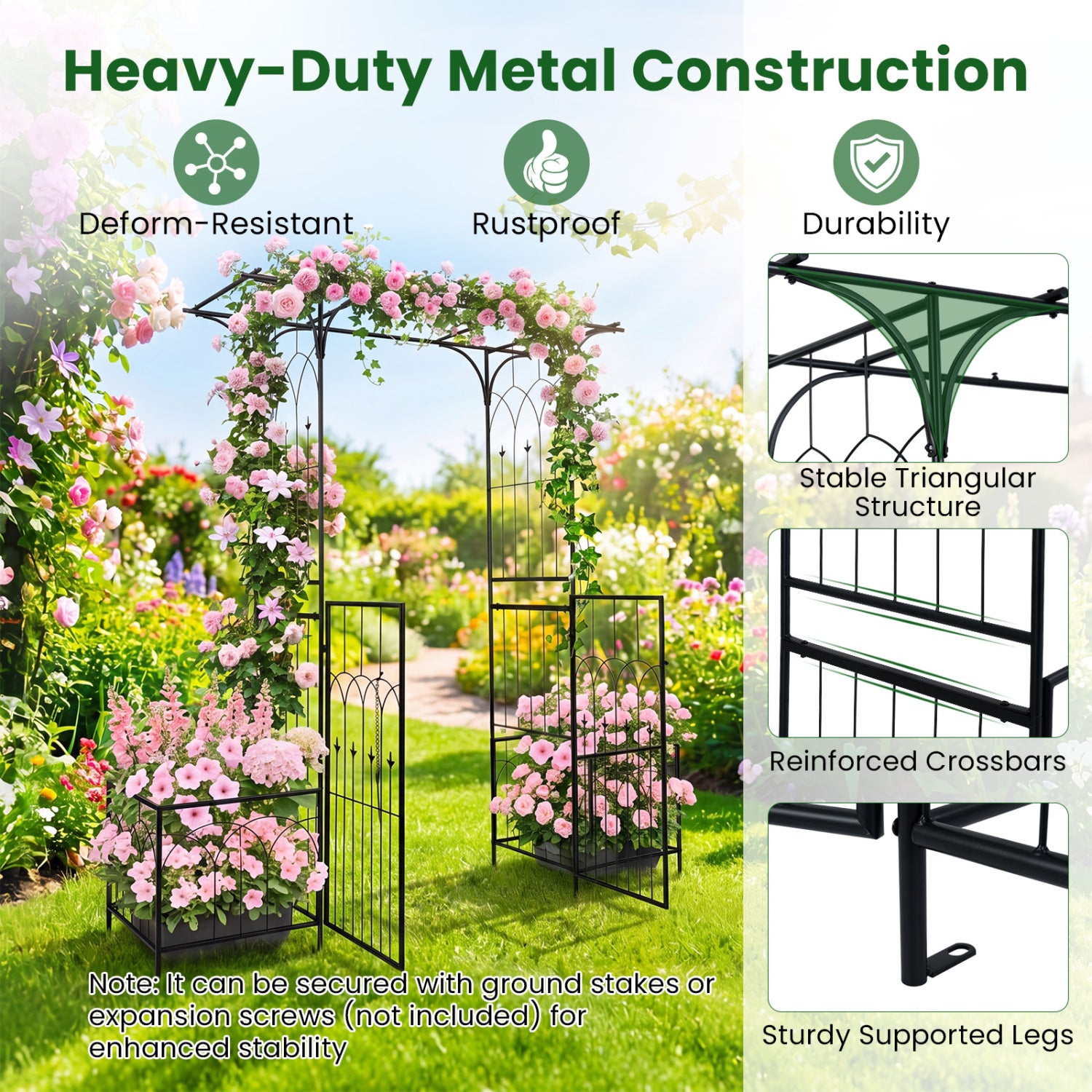 Garden Arbor with Gate and Planter Boxes Heavy Duty Metal Arch with Side Trellis