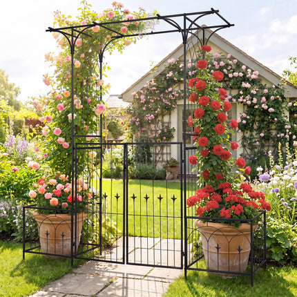 Garden Arbor with Gate and Planter Boxes Heavy Duty Metal Arch with Side Trellis