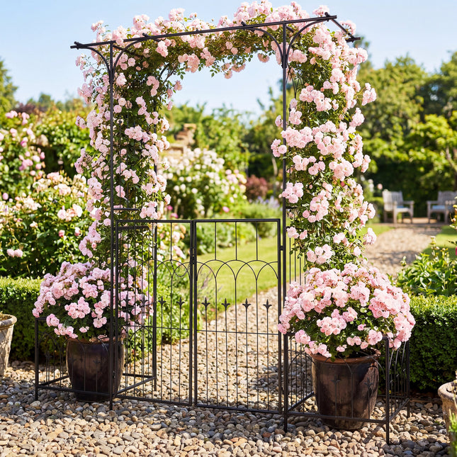 Garden Arbor with Gate and Planter Boxes Heavy Duty Metal Arch with Side Trellis