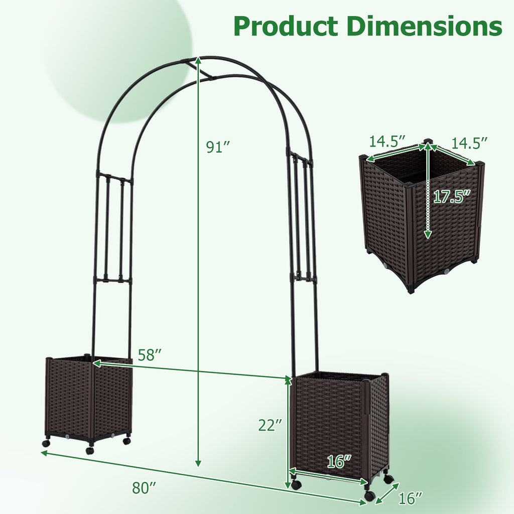 Garden Arch Trellis with 2 Self-watering Planter Boxes for Party Yard Lawn-Black