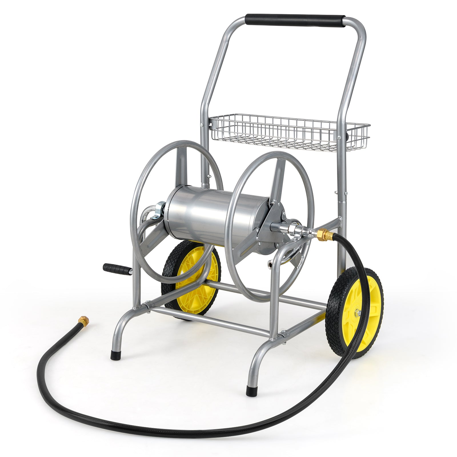 Chariot dévidoir de tuyau d'arrosage avec 2 roues et panier de rangement-Argent