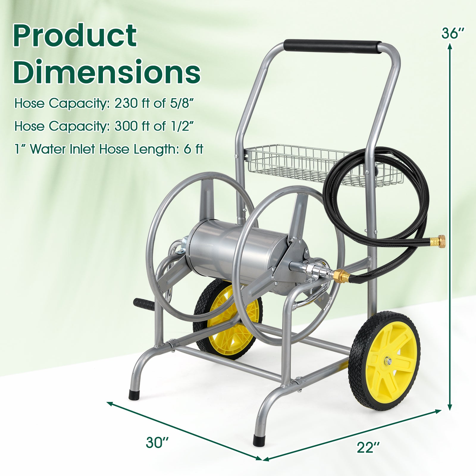 Chariot dévidoir de tuyau d'arrosage avec 2 roues et panier de rangement-Argent