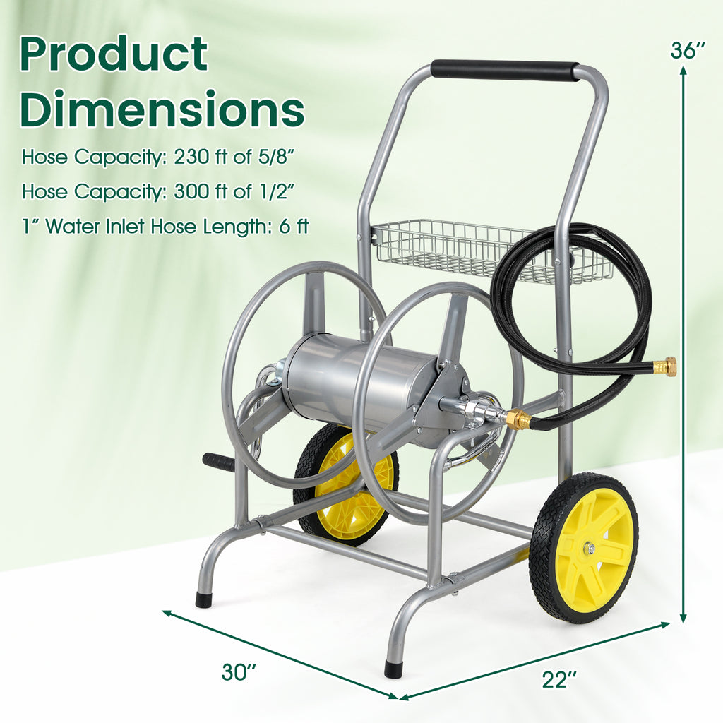 Chariot dévidoir de tuyau d'arrosage avec 2 roues et panier de rangement-Argent