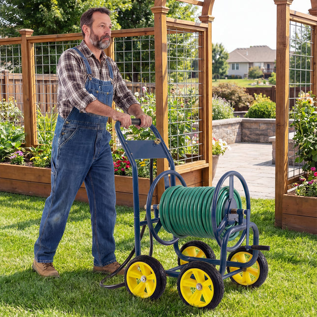 Garden Hose Reel Cart 4 Wheels Heavy-Duty Metal Water Hose Organizer Portable-Blue