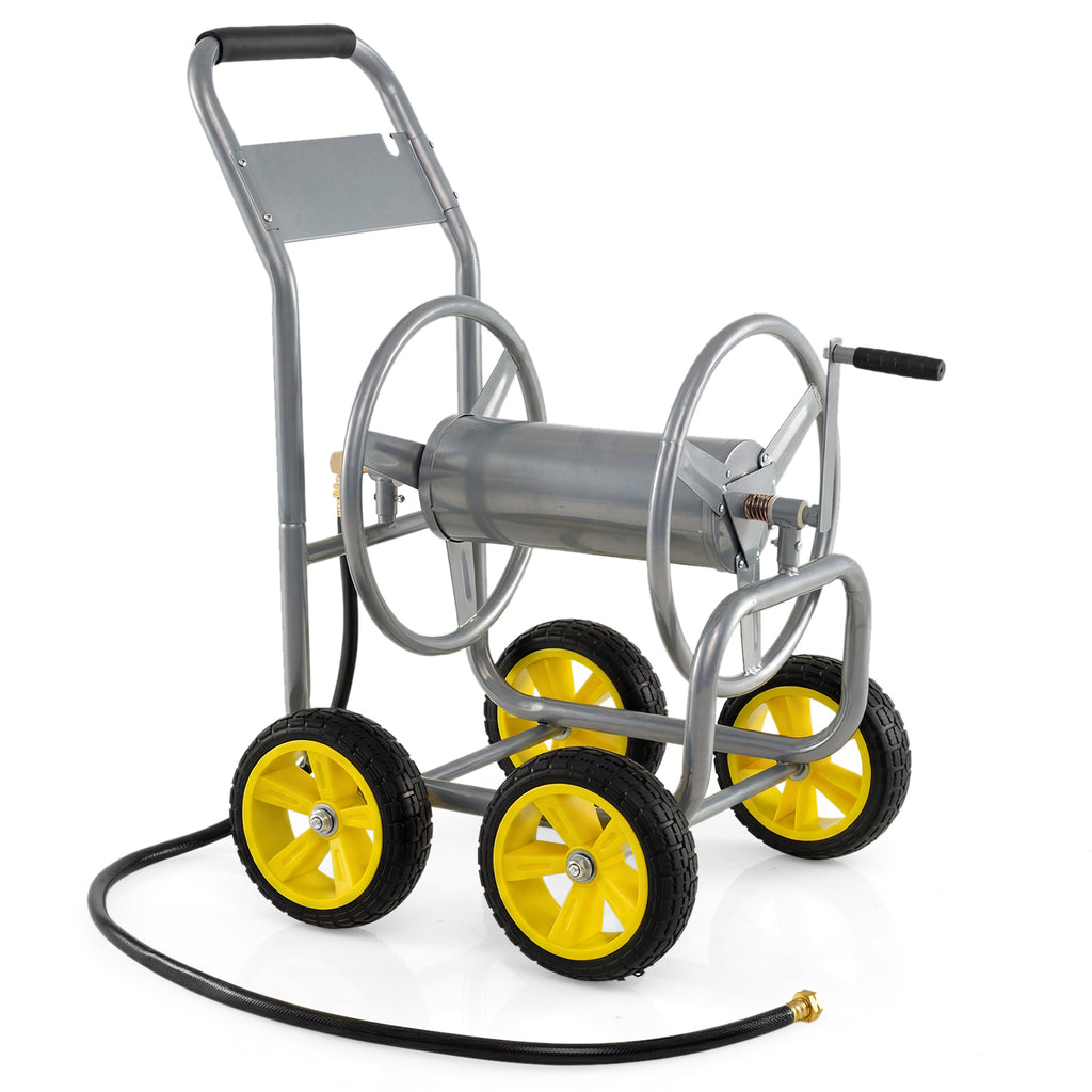 Garden Hose Reel Cart 4 Wheels Heavy-Duty Metal Water Hose Organizer Portable-Silver