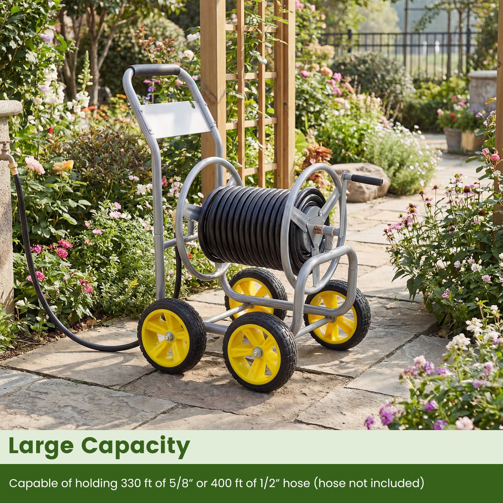 Garden Hose Reel Cart 4 Wheels Heavy-Duty Metal Water Hose Organizer Portable-Silver