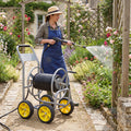 Garden Hose Reel Cart 4 Wheels Heavy-Duty Metal Water Hose Organizer Portable-Silver