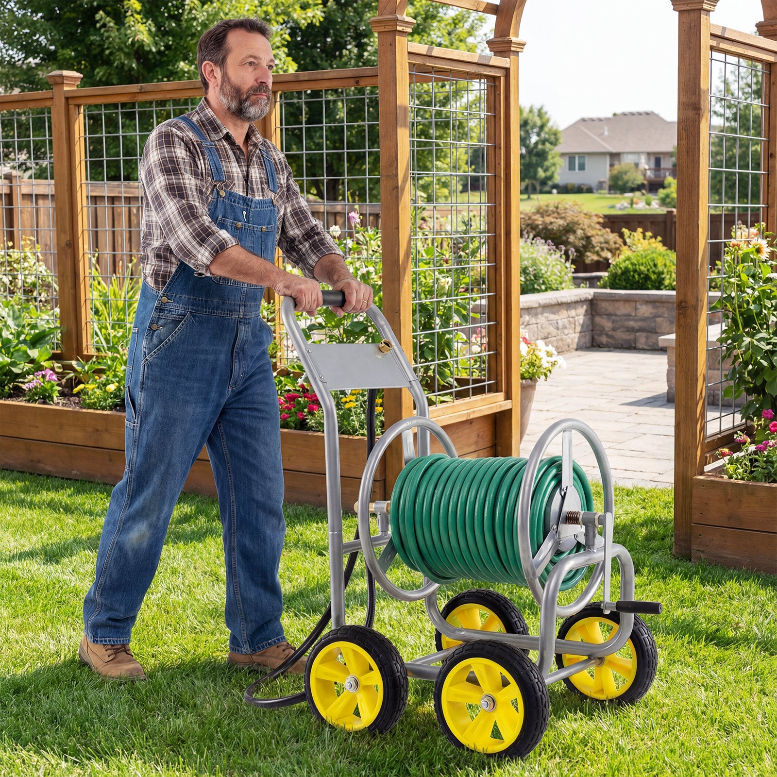 Garden Hose Reel Cart 4 Wheels Heavy-Duty Metal Water Hose Organizer Portable-Silver
