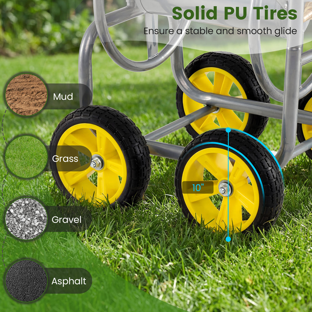 Garden Hose Reel Cart 4 Wheels Heavy-Duty Metal Water Hose Organizer Portable-Silver
