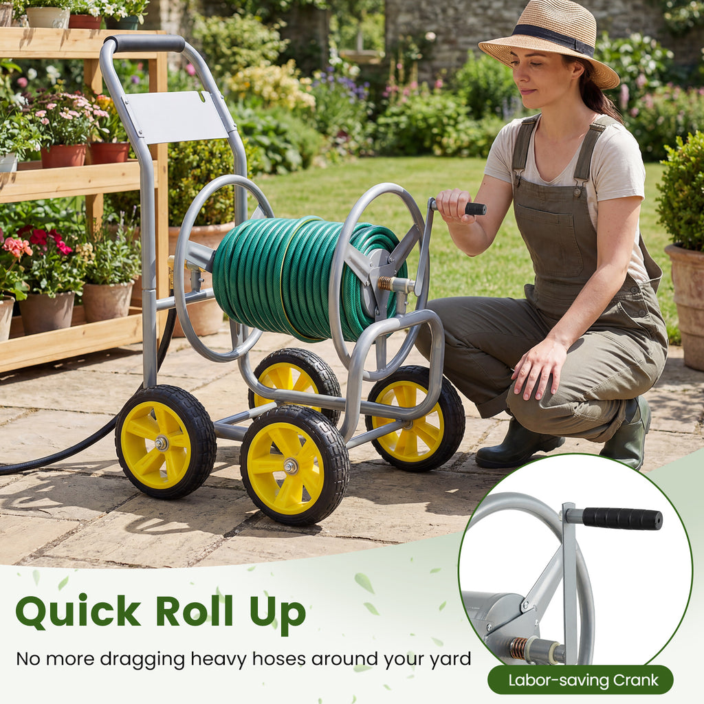 Garden Hose Reel Cart 4 Wheels Heavy-Duty Metal Water Hose Organizer Portable-Silver