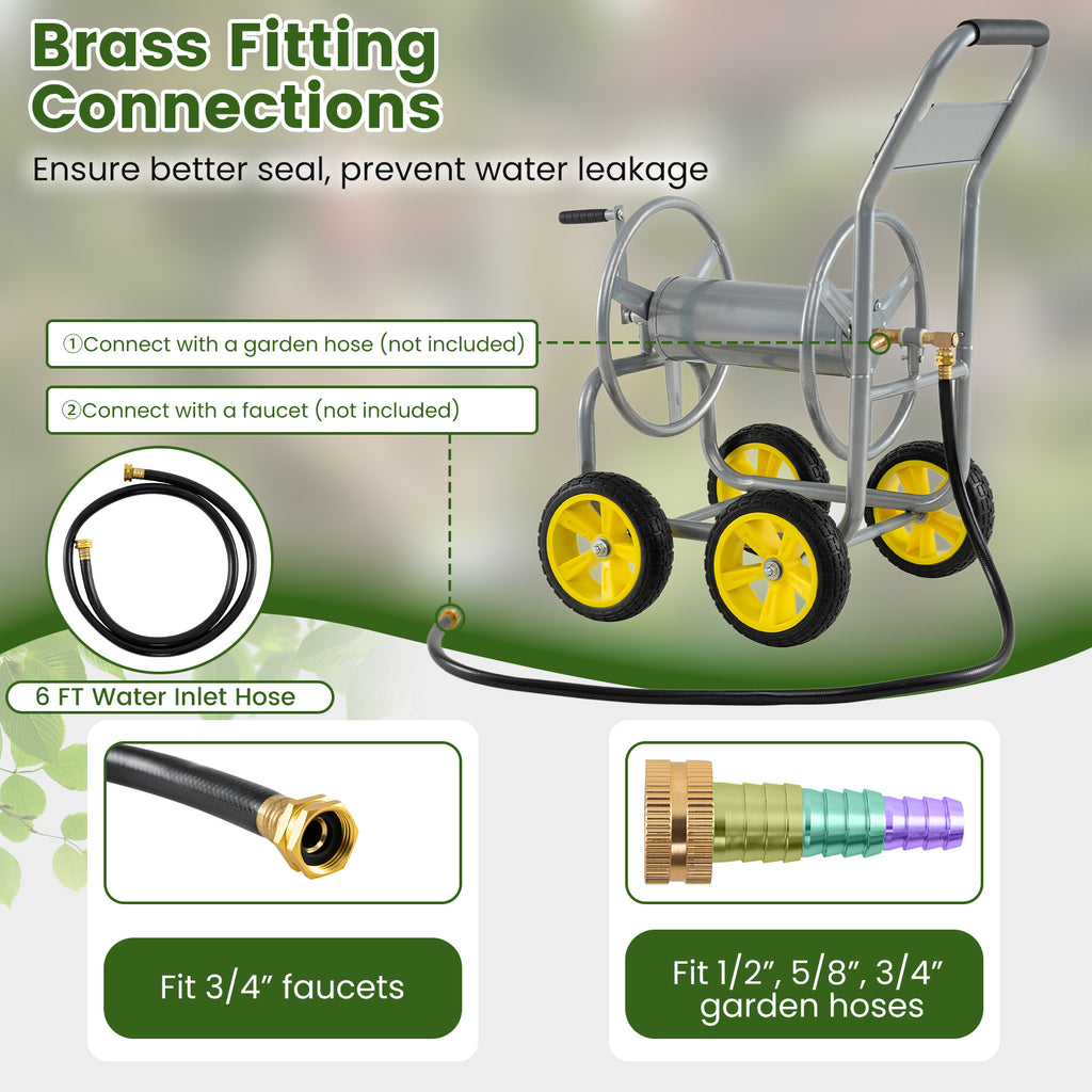 Garden Hose Reel Cart 4 Wheels Heavy-Duty Metal Water Hose Organizer Portable-Silver