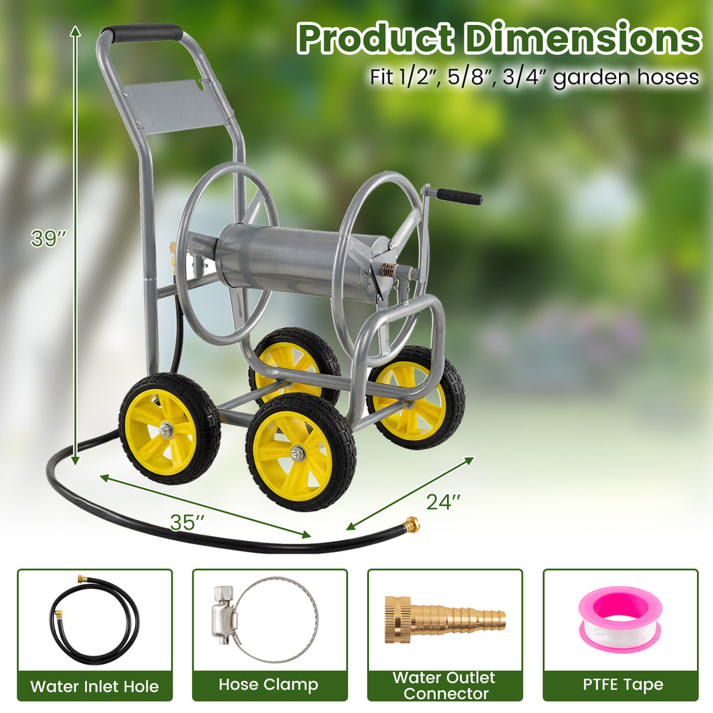 Garden Hose Reel Cart 4 Wheels Heavy-Duty Metal Water Hose Organizer Portable-Silver