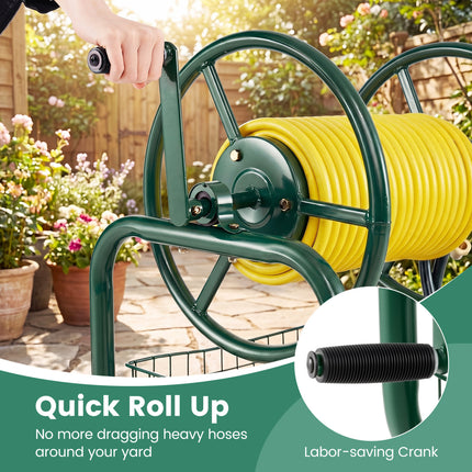 Garden Hose Reel Cart 300 Feet Large Capacity with 4 Wheels and Storage Basket-Green