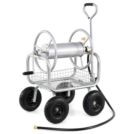 Garden Hose Reel Cart 300 Feet Large Capacity with 4 Wheels and Storage Basket-Silver