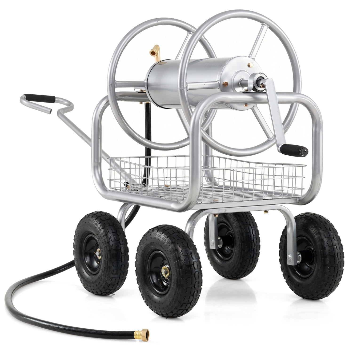 Dévidoir sur roues pour tuyau d'arrosage, grande capacité 300 pieds, avec 4 roues et panier de rangement - Argent