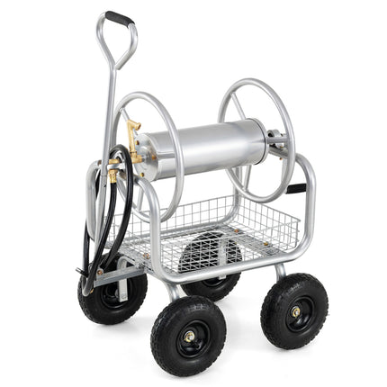 Garden Hose Reel Cart 300 Feet Large Capacity with 4 Wheels and Storage Basket-Silver