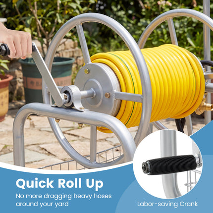 Garden Hose Reel Cart 300 Feet Large Capacity with 4 Wheels and Storage Basket-Silver