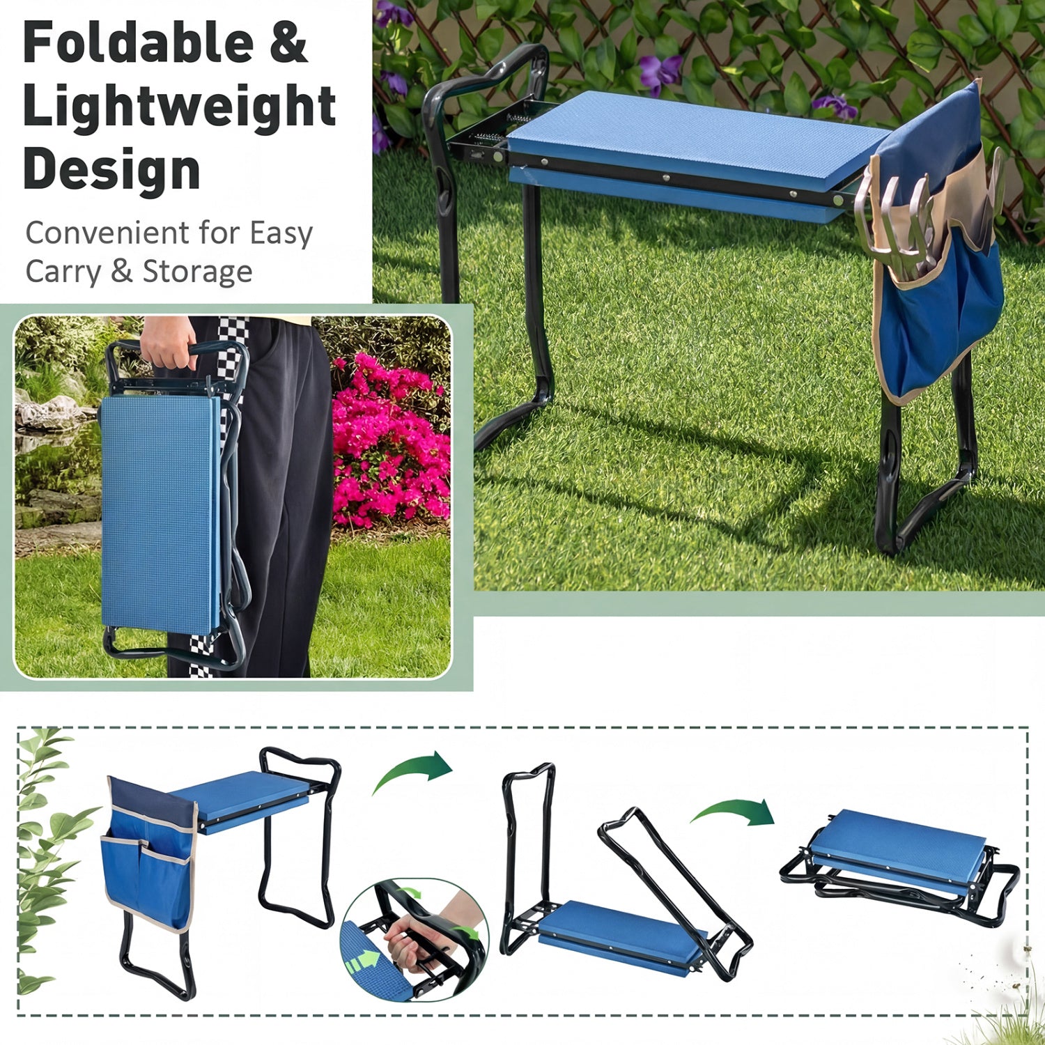 Siège et agenouilloir de jardin pliable et robuste - Bleu