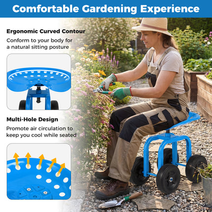 Garden Rolling Workseat with 360° Swivel Seat and Adjustable Height-Blue