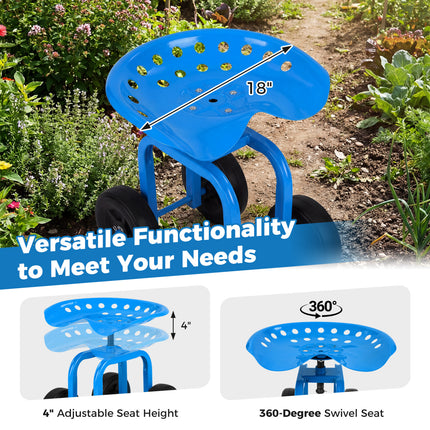 Garden Rolling Workseat with 360° Swivel Seat and Adjustable Height-Blue