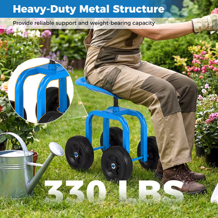 Garden Rolling Workseat with 360° Swivel Seat and Adjustable Height-Blue