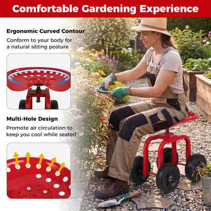 Garden Rolling Workseat with 360° Swivel Seat and Adjustable Height-Red