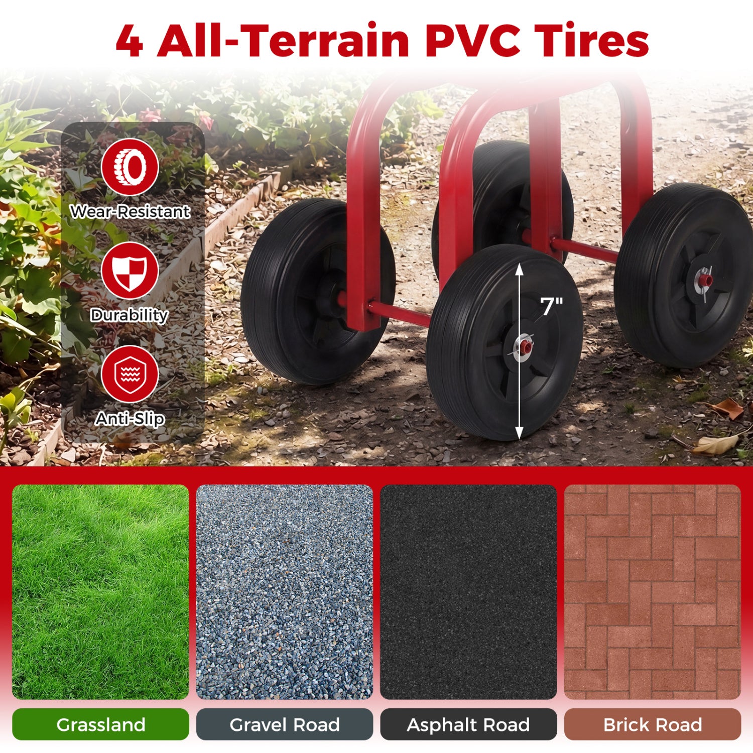Garden Rolling Workseat with 360° Swivel Seat and Adjustable Height-Red