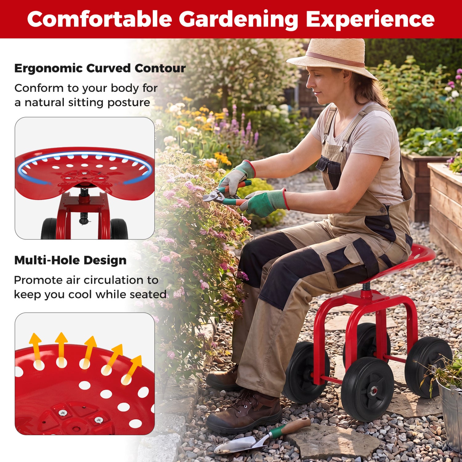 Garden Rolling Workseat with 360° Swivel Seat and Adjustable Height-Red