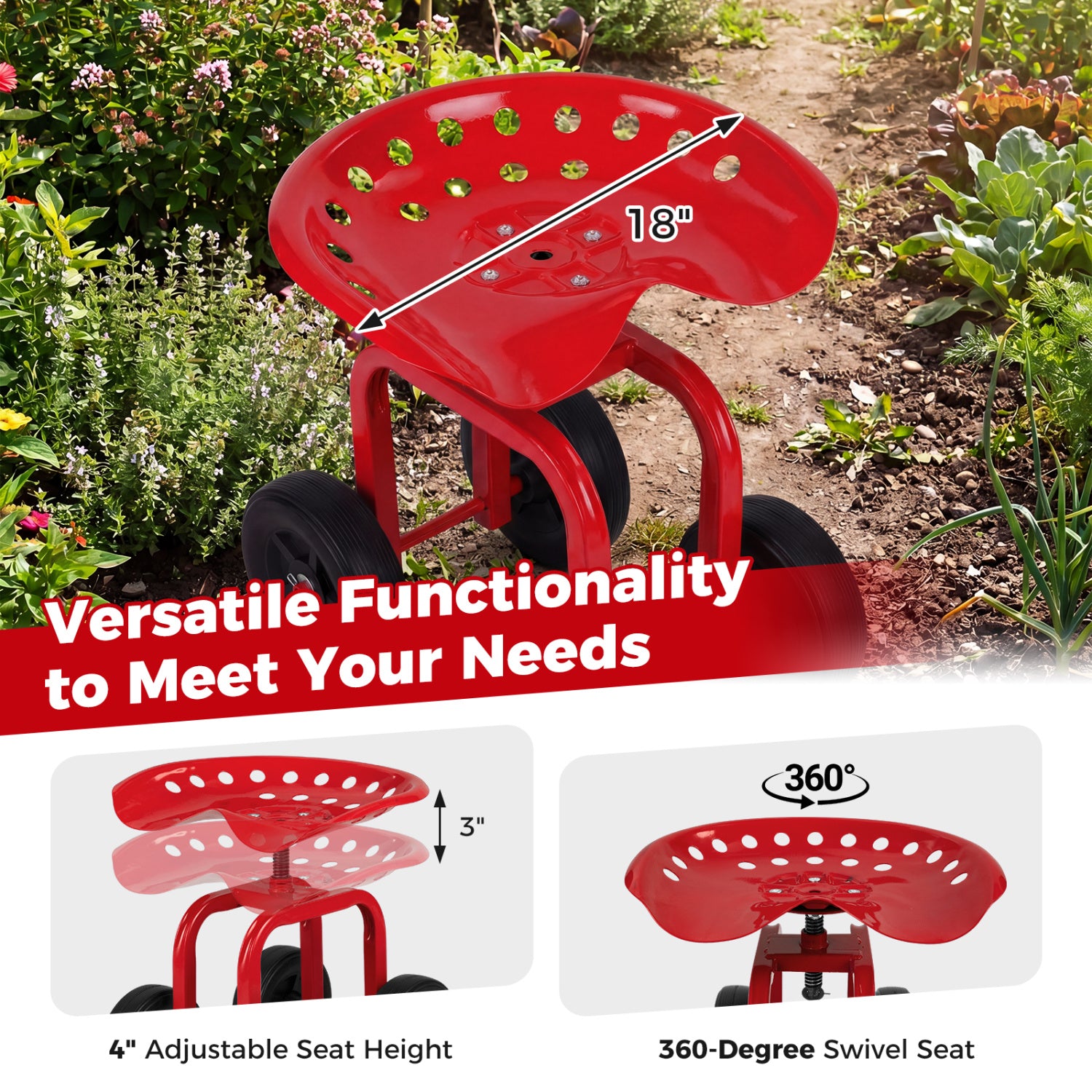Garden Rolling Workseat with 360° Swivel Seat and Adjustable Height-Red