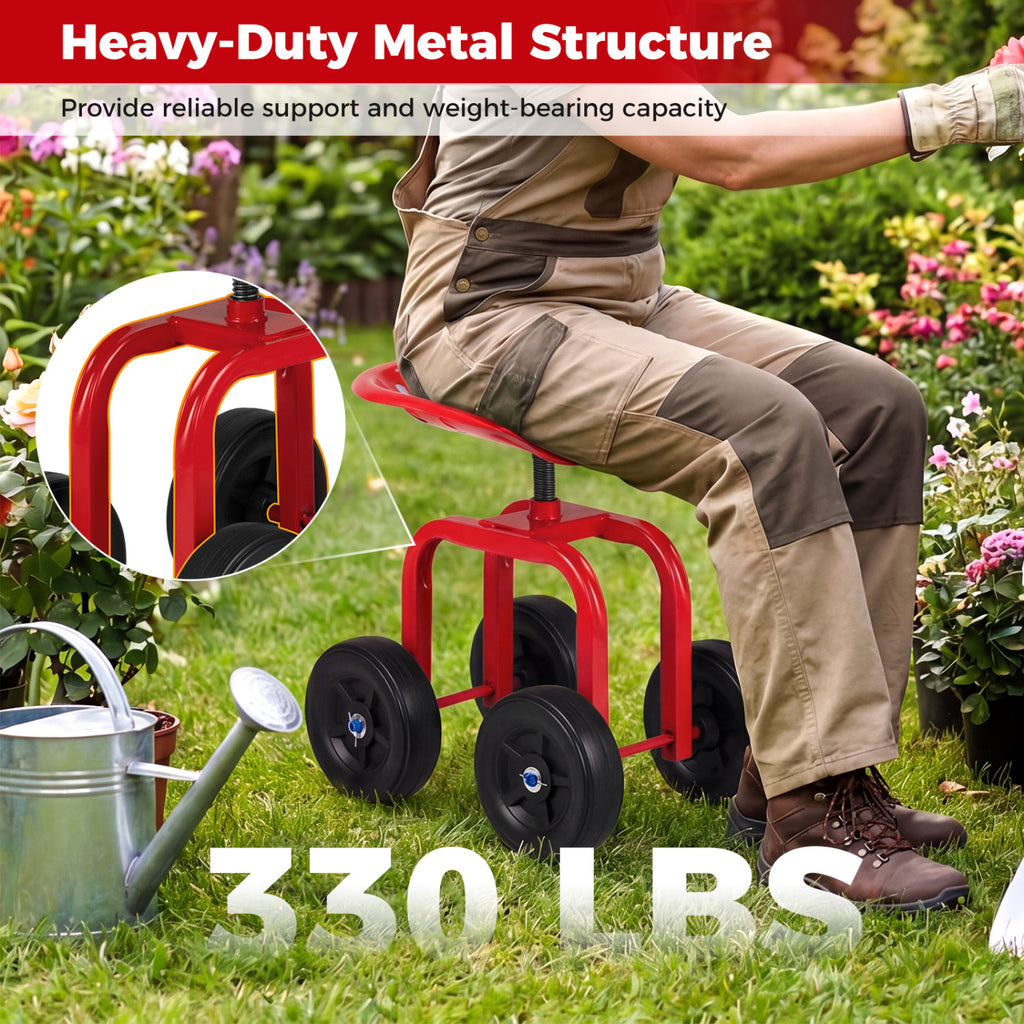 Garden Rolling Workseat with 360° Swivel Seat and Adjustable Height-Red