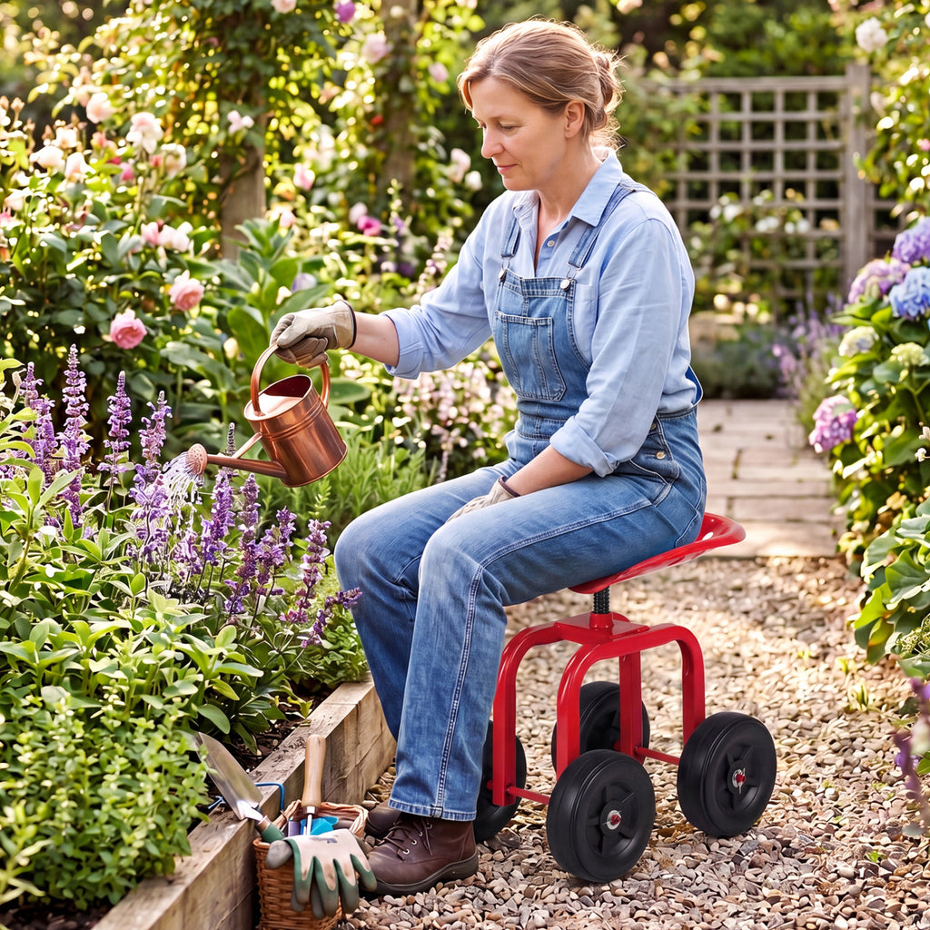 Garden Rolling Workseat with 360° Swivel Seat and Adjustable Height-Red