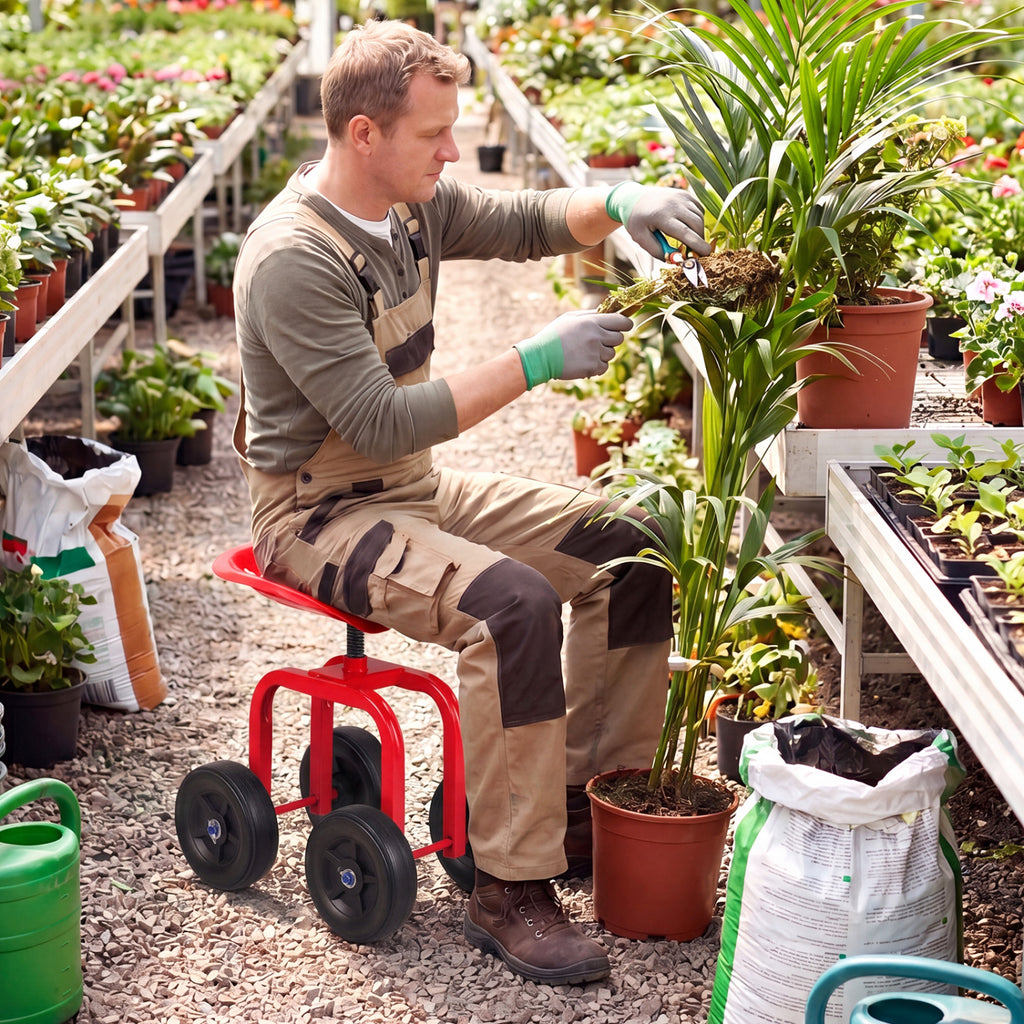Garden Rolling Workseat with 360° Swivel Seat and Adjustable Height-Red