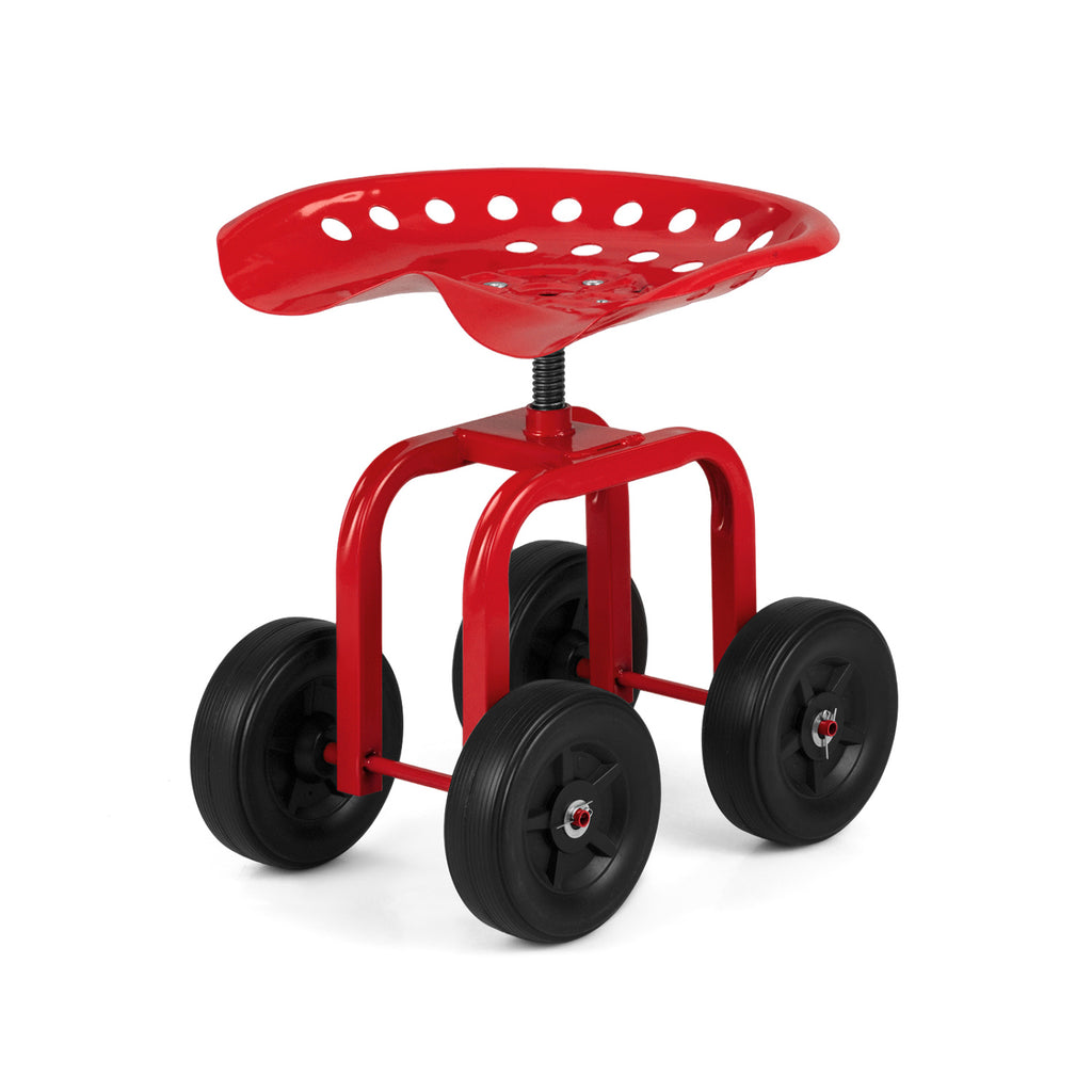 Garden Rolling Workseat with 360° Swivel Seat and Adjustable Height-Red