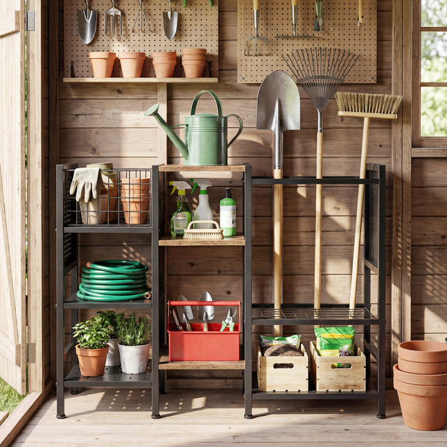 Garden Tool Organizer with Wooden Shelves for Garage and Shed-Black