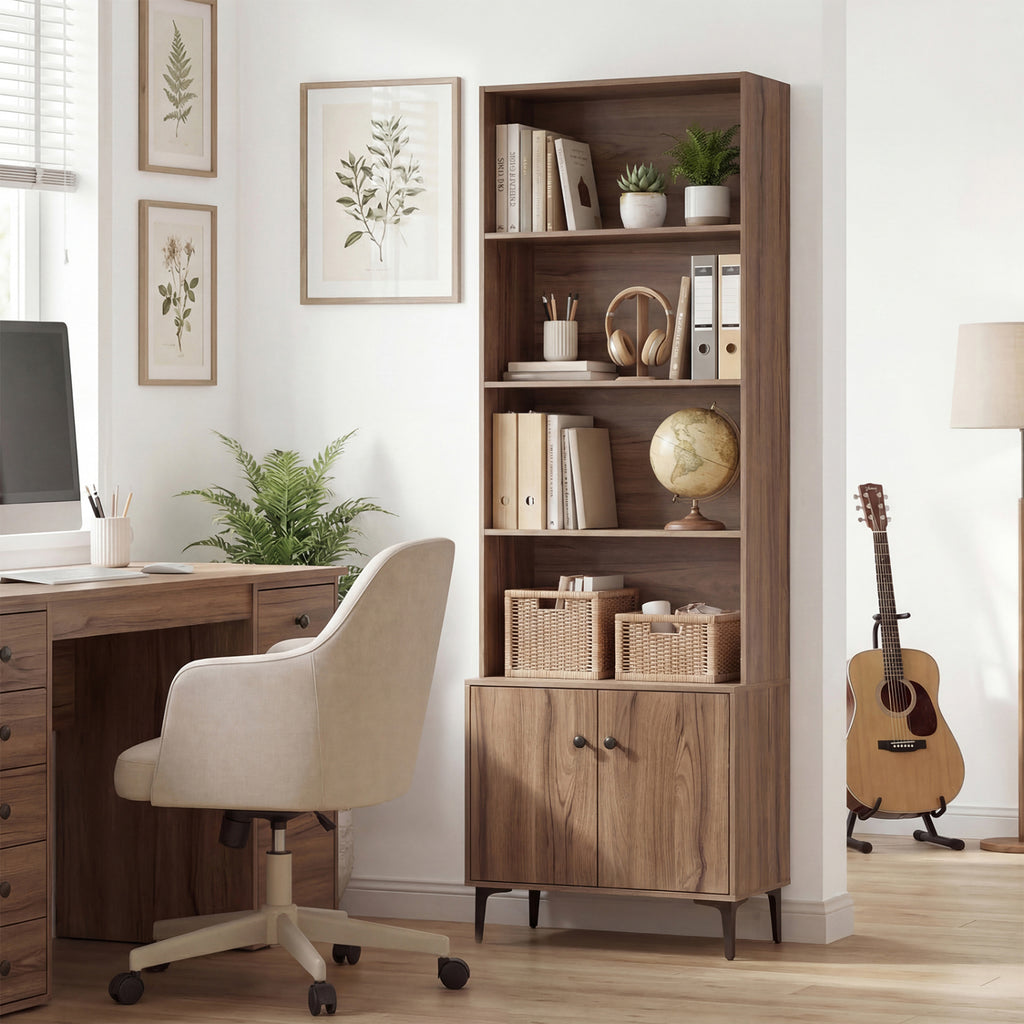 Giantex Bookshelf with Doors and 2 Anti-Tipping Kits for Home Office-Walnut