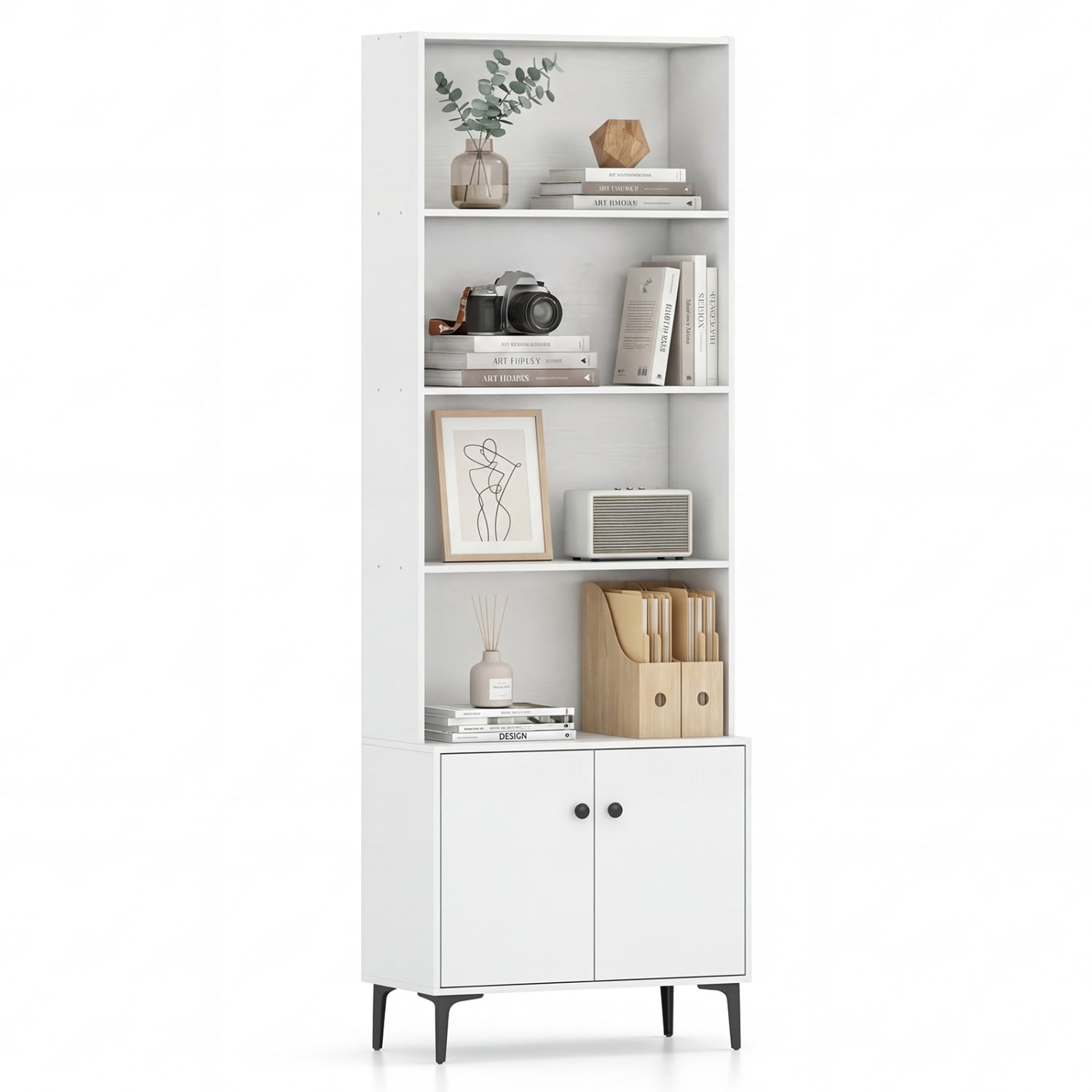 Giantex Bookshelf with Doors and 2 Anti-Tipping Kits for Home Office-White