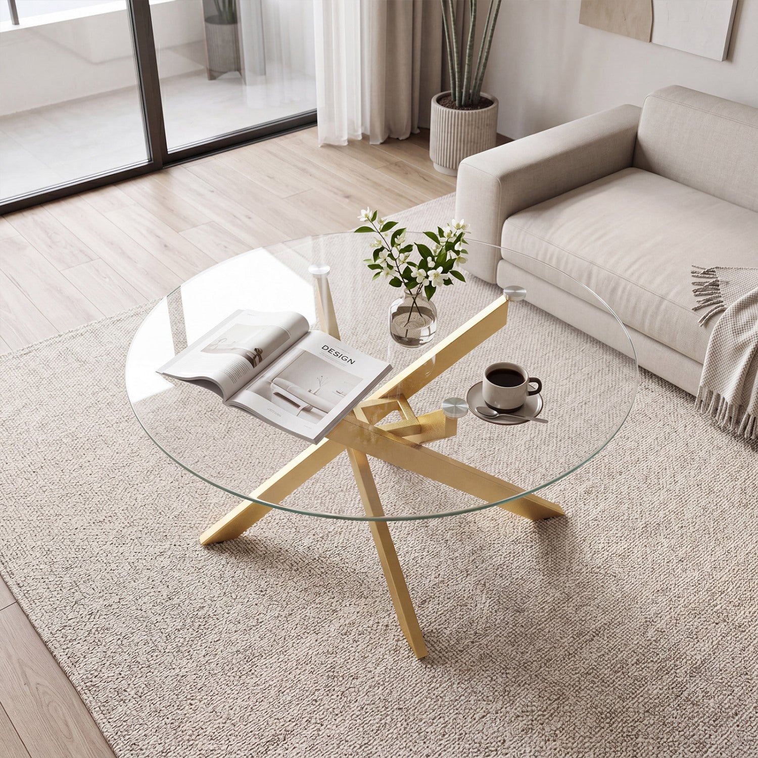 Glass Coffee Table Round Clear Center Table with Tempered Glass Top-Golden