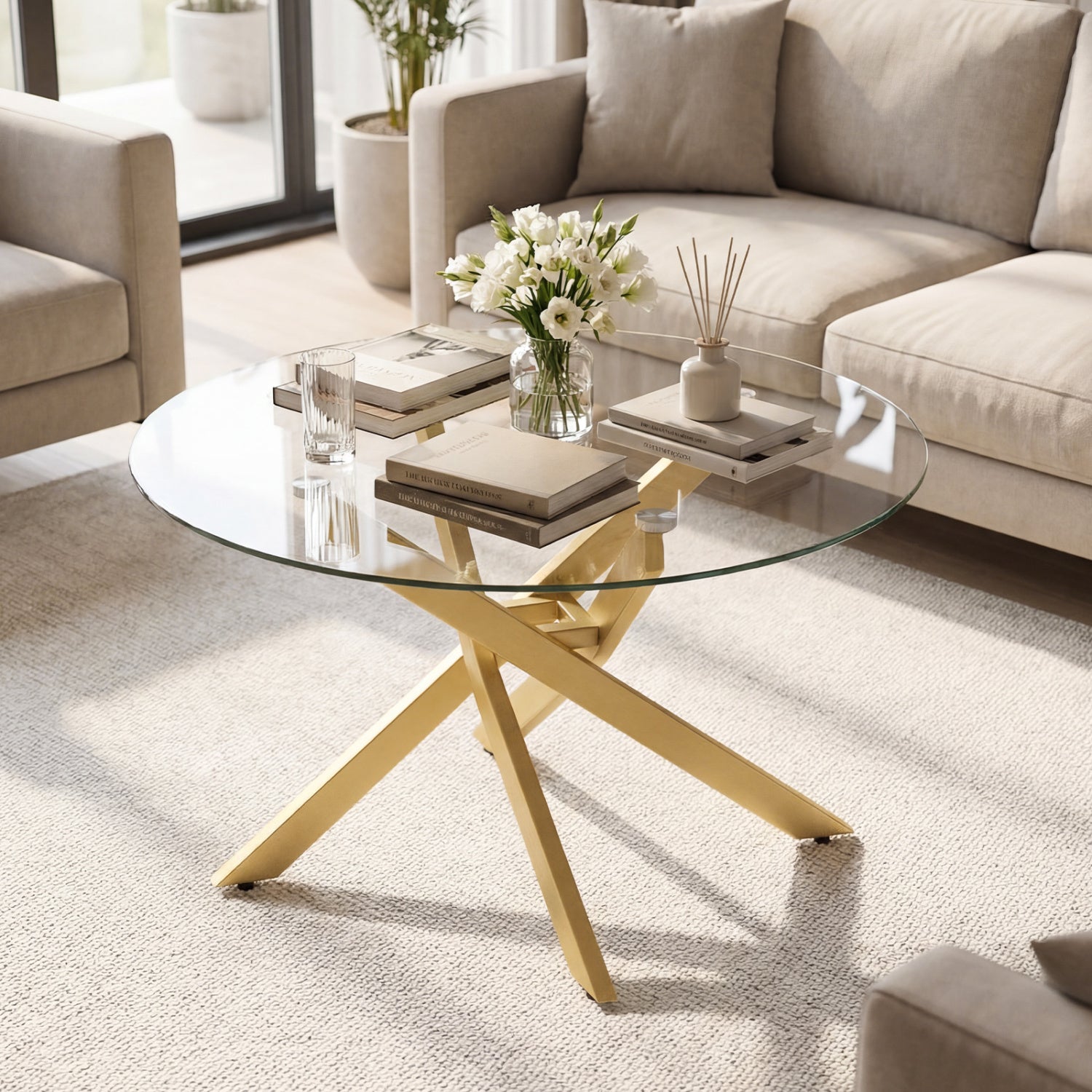 Glass Coffee Table Round Clear Center Table with Tempered Glass Top-Golden