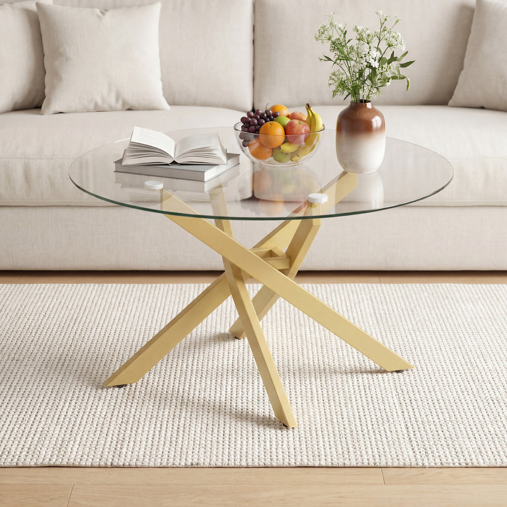 Glass Coffee Table Round Clear Center Table with Tempered Glass Top-Golden