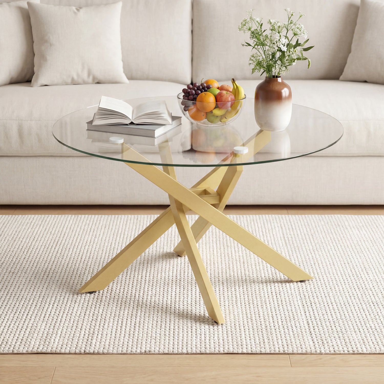 Glass Coffee Table Round Clear Center Table with Tempered Glass Top-Golden