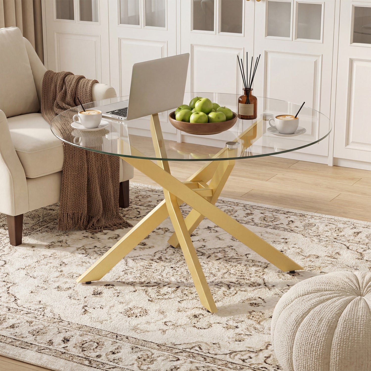 Glass Coffee Table Round Clear Center Table with Tempered Glass Top-Golden