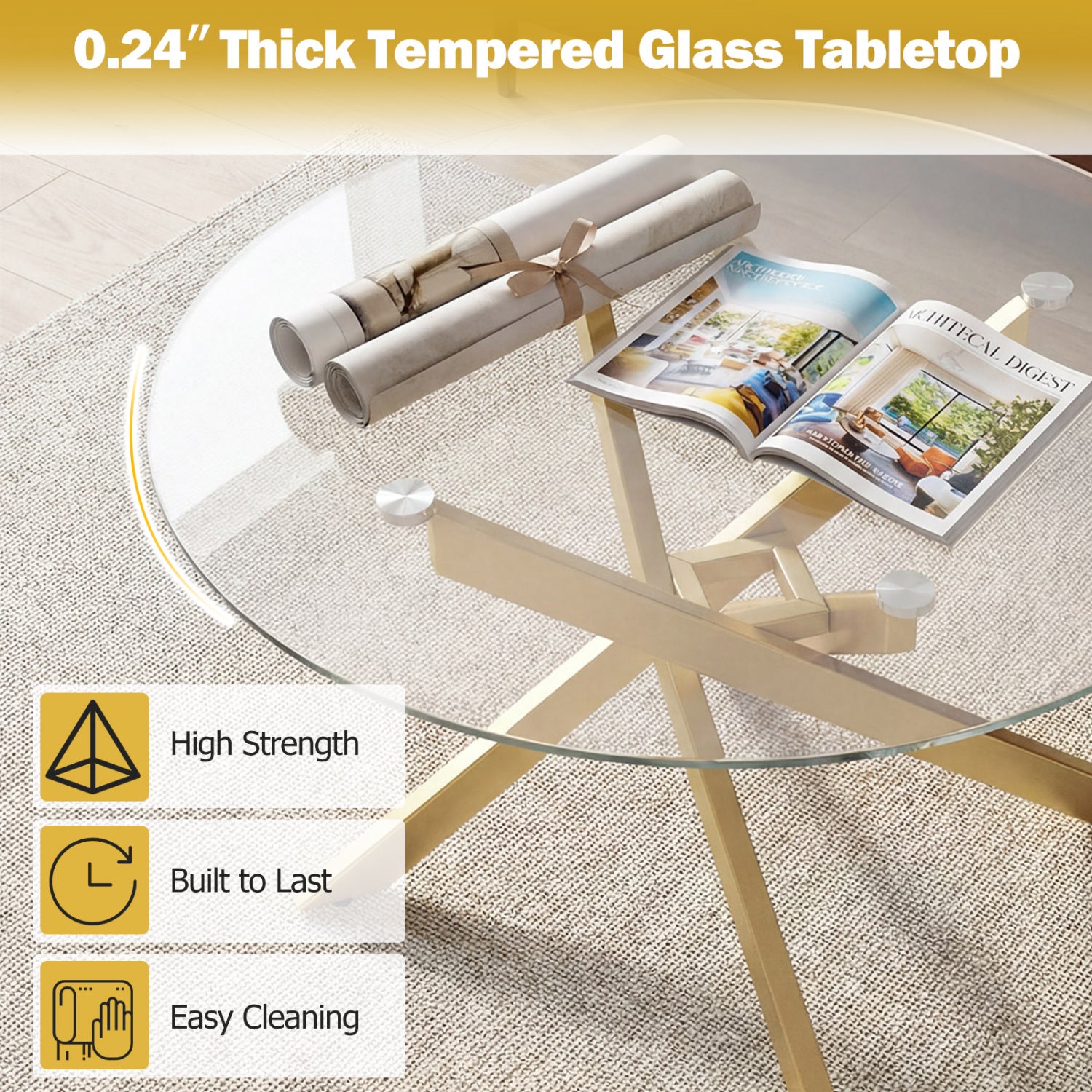 Glass Coffee Table Round Clear Center Table with Tempered Glass Top-Golden